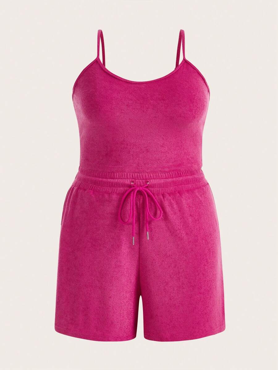 SHEIN EZwear Plus Solid Cami Top & Drawstring Waist Shorts - Hot Pink - View 1