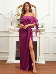 SHEIN Belle Off Shoulder Ruffle Trim Split Thigh Satin Formal Dress