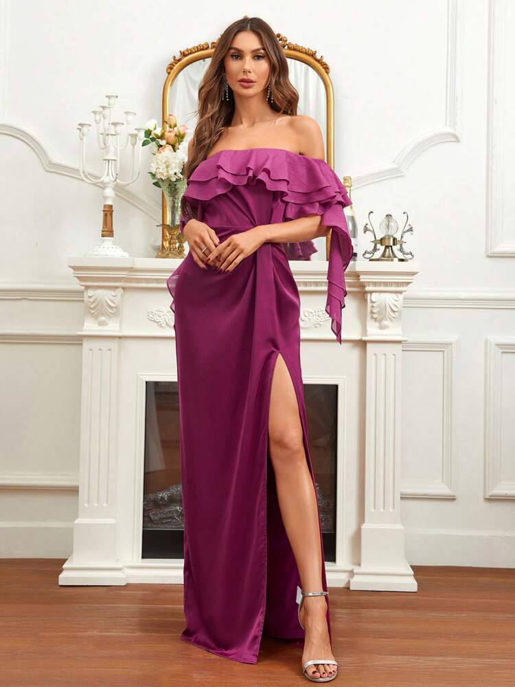 Off Shoulder Ruffle Trim Split Thigh Satin Formal Dress
