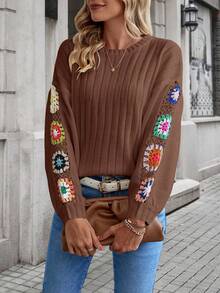 SHEIN Essnce Hoa Móc sự thêu Thả vai Áo len - Cà phê nâu - Xem 6