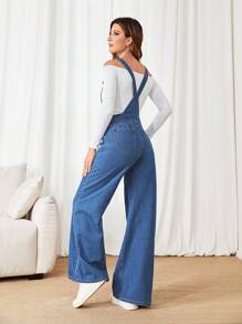 SHEIN Privé 紐扣細節闊腿牛仔背帶褲不帶T恤 - 中等水洗藍 - 查看 2