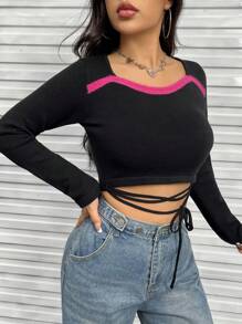 SHEIN Unity 撞色滚边交叉系带短款针织套头衫秋冬毛衣 - 黑色 - 查看 6