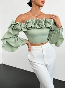 Firerie Camisa crop de hombros descubiertos ribete con fruncido de manga farol - verde menta - Ver 3