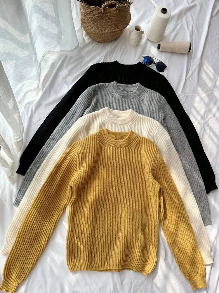 4pcs Solid Ribbed Knit Knit Pullover Fall Winter Sweaters
