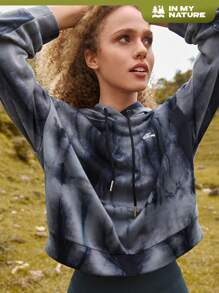 In My Nature Tie Dye Letter Graphic Drop Shoulder Drawstring Sweatshirt - Grey - View 1