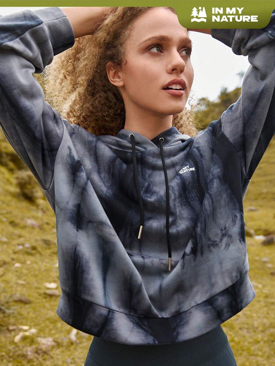 In My Nature Tie Dye Letter Graphic Drop Shoulder Drawstring Sweatshirt - Grey - View 1
