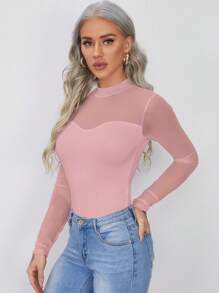 SHEIN Privé Ách lưới Cổ giả Thon gọn Áo - Bụi hồng - Xem 4