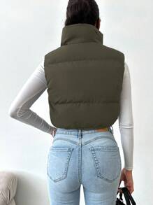 RueChic Drawstring Hem Zipper Puffer Vest Coat - Khaki - View 2