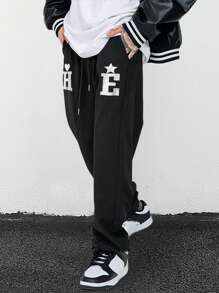 Manfinity Roghcode 男士字母圖案腰部抽繩衛褲 - 黑色 - 查看 1