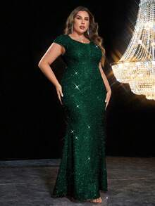 Plus Mermaid Hem Sequin Prom Dress - Dark Green - View 4