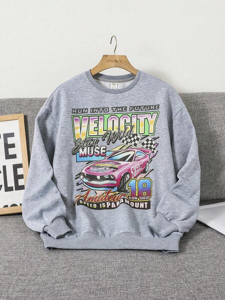 Teen Girl Car & Letter Graphic Drop Shoulder Sweatshirt