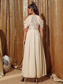 SHEIN Belle 露肩亮片镶嵌露肩连衣裙优雅正式晚会舞会婚礼宾客礼服，适合毕业典礼、晚宴或节日派对服装 - 香檳色 - 查看 2