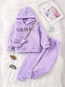 Young Girl Letter Embroidery Teddy Hoodie & Pants - Dusty Purple - View 1
