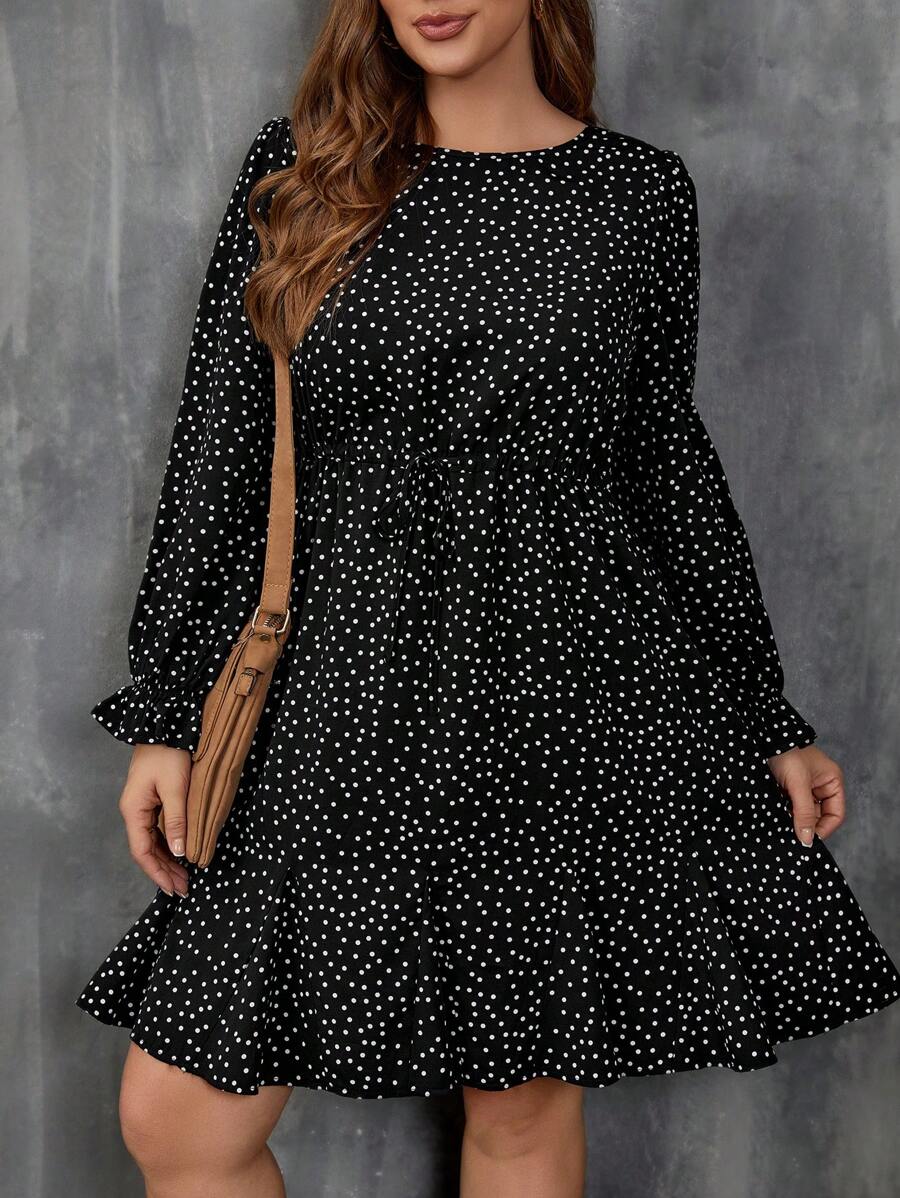 SHEIN LUNE Kích thước lớn Chấm bi In Eo dây rút Đầm - Đen và trắng - Xem 1
