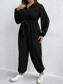 SHEIN LUNE 大碼素色腰帶襯衫連體褲 - 黑色 - 查看 3