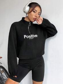 SHEIN Unity Loose Fit Letter Graphic Pullover Sweatshirt With Stand Collar And Half-Zip, Fashionable And Versatile - Black - View 5