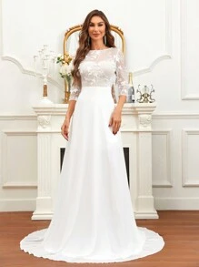 SHEIN Belle 拼接網紗刺繡及地婚紗洋裝不附面紗 - 白色 - 查看 1