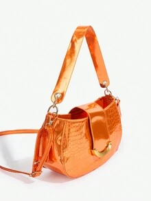 SHEIN SXY Túi xách nữ màu cam ánh kim bóng bẩy có nắp gập, khóa kéo, sức chứa lớn, phong cách tối giản và đa chức năng - màu nâu - Xem 3