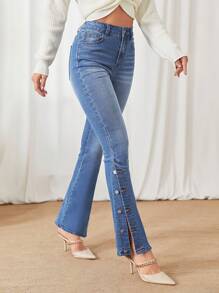 Selenza Button Detail Flare Leg Jeans  ,Butt Lifting Jeans Women - Light Wash - View 3