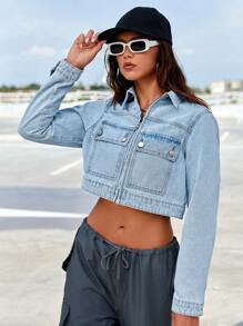 SHEIN EZwear Flap Pocket Crop Denim Jacket - Light Wash - View 2