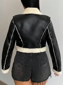 SHEIN SXY 泰迪熊襯里拉鏈 PU 皮夾克 - 黑色 - 查看 2