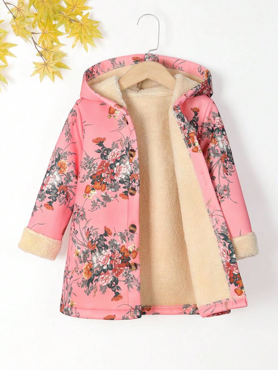 SHEIN Cô gái In hoa Lót Teddy Áo trùm đầu - Hồng - Xem 1