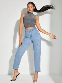 SHEIN BAE High Waist Mom Fit Jeans - Blue - View 6