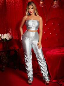 SHEIN X GiudiceGirls Set Top bandeau de color metálico con pantalones - Plateado - Ver 6