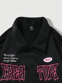 ROMWE MEN Street Life 字母印花拼色男士夾克 - 玫紅色 - 查看 6