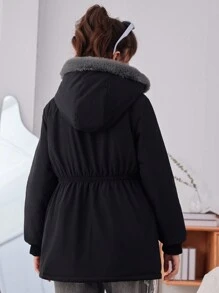 少女拉链毛绒装饰连帽棉服外套 - 黑色 - 查看 2