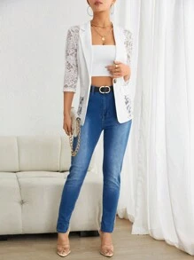 SHEIN Clasi Contrast Lace Flap Detail Single Button Blazer In Fall/Winter - White - View 6