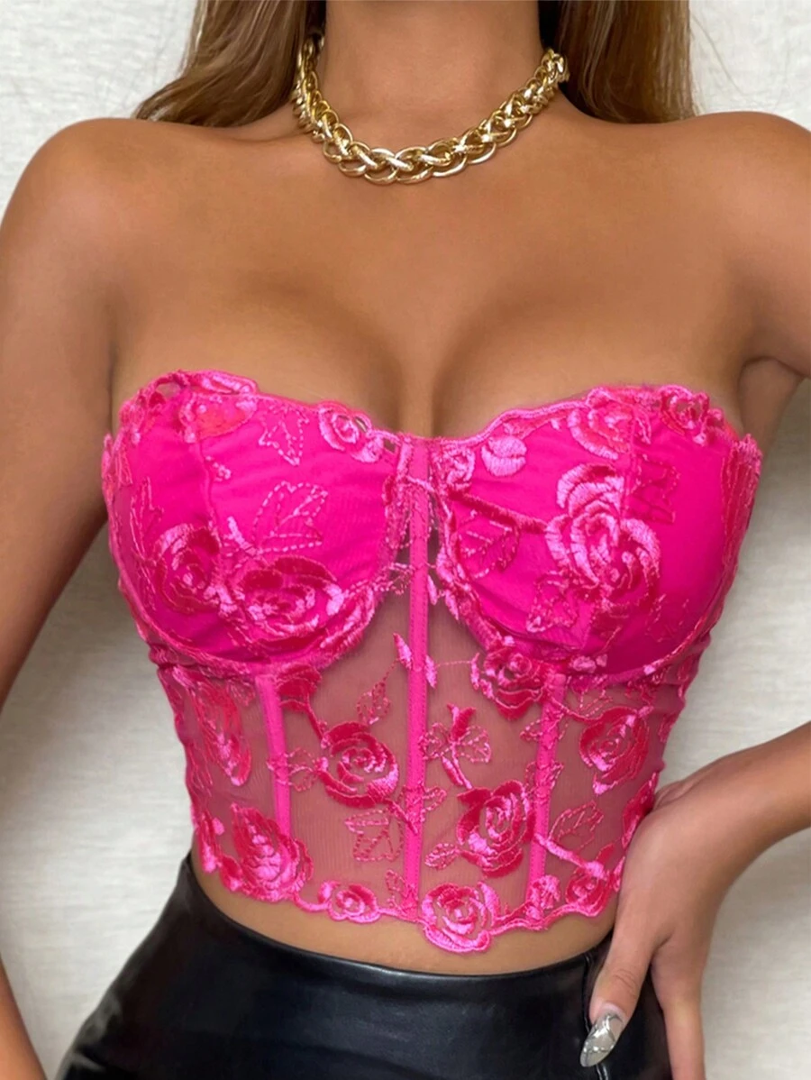 Zolique Thêu hoa Lace lên phía trước Ống ngọn - Màu Hồng Tươi - Xem 1