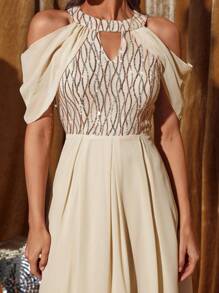 SHEIN Belle 露肩亮片镶嵌露肩连衣裙优雅正式晚会舞会婚礼宾客礼服，适合毕业典礼、晚宴或节日派对服装 - 香檳色 - 查看 5