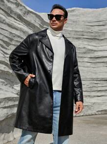 GENTILAND Men Plus Belted PU Leather Trench Coat - Black - View 3