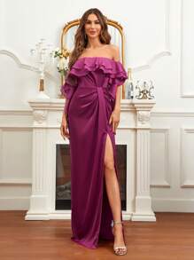 SHEIN Belle Off Shoulder Ruffle Trim Split Thigh Satin Formal Dress