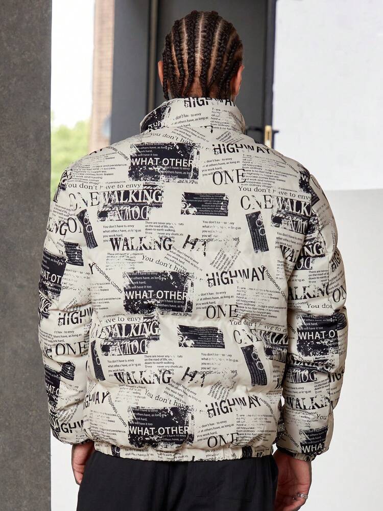 Men Newspaper Print Slant Pockets Padded Coat, For Fall Winter