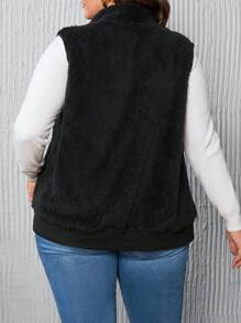 SHEIN LUNE Plus Zip Up Teddy Vest Jacket, For Winter - Black - View 2