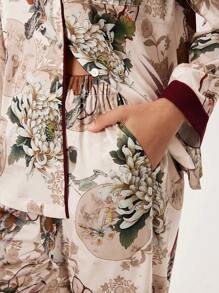 LUVLETTE 秋冬花卉图案中国水墨花卉印花缎面长款女士睡衣套装女士休闲套装内衣秋季睡衣 - 摩卡棕 - 查看 5