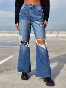 SHEIN EZwear Ripped Raw Hem Flare Leg Jeans