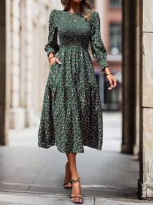 SHEIN Clasi 碎花印花灯笼袖荷叶边下摆连衣裙长款女装 - 彩色 - 查看 1