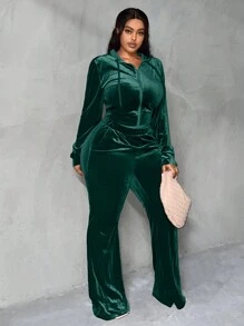 Slaydiva Hơn Dây kéo Dây rút áo có mũ Áo khoác & Quần ống loe - Màu xanh lá cây đậm - Xem 4