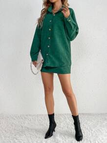 SHEIN Tall 落肩袖口袋貼布燈芯絨大衣&半身裙 - 墨綠色 - 查看 6