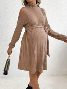 SHEIN Maternity Turtleneck Cold Shoulder Belted Dress - Camel - View 3
