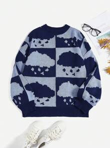 Flirla Hơn Mẫu Đám mây Thả vai Áo len - Màu xanh lam - Xem 1