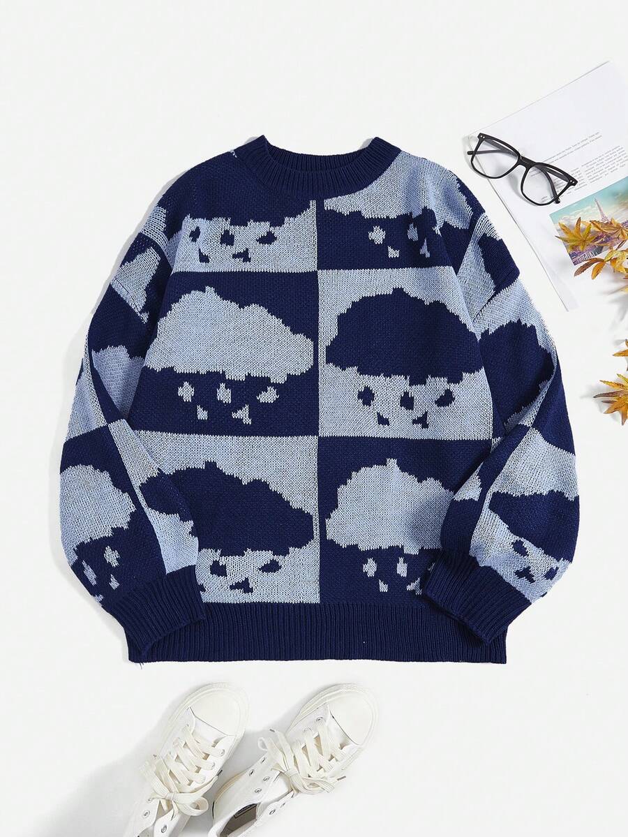 Flirla Hơn Mẫu Đám mây Thả vai Áo len - Màu xanh lam - Xem 1