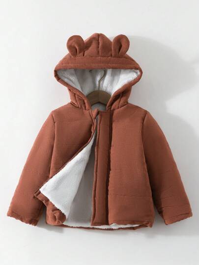 Young Boy Cute Solid Color Hooded Cardigan With Zipper Padded Coat