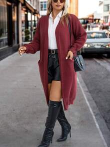 SHEIN LUNE Áo len cardigan dáng rộng có hai túi Giáng sinh cỡ lớn - Màu Đỏ Sâu - Xem 3