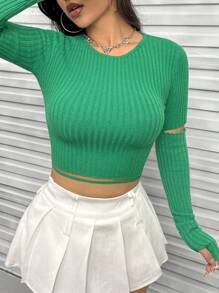 SHEIN Unity Cut Out Ribbed Knit Crop Knit Pullover Fall Winter Sweater - Green - View 6