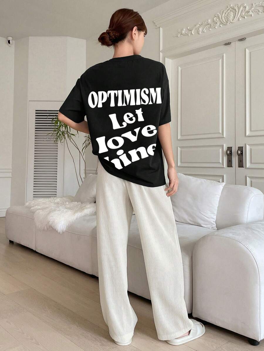 DAZY Slogan Graphic Drop Shoulder Lounge Set - Black - View 1