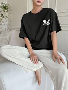 DAZY Slogan Graphic Drop Shoulder Lounge Set - Black - View 2